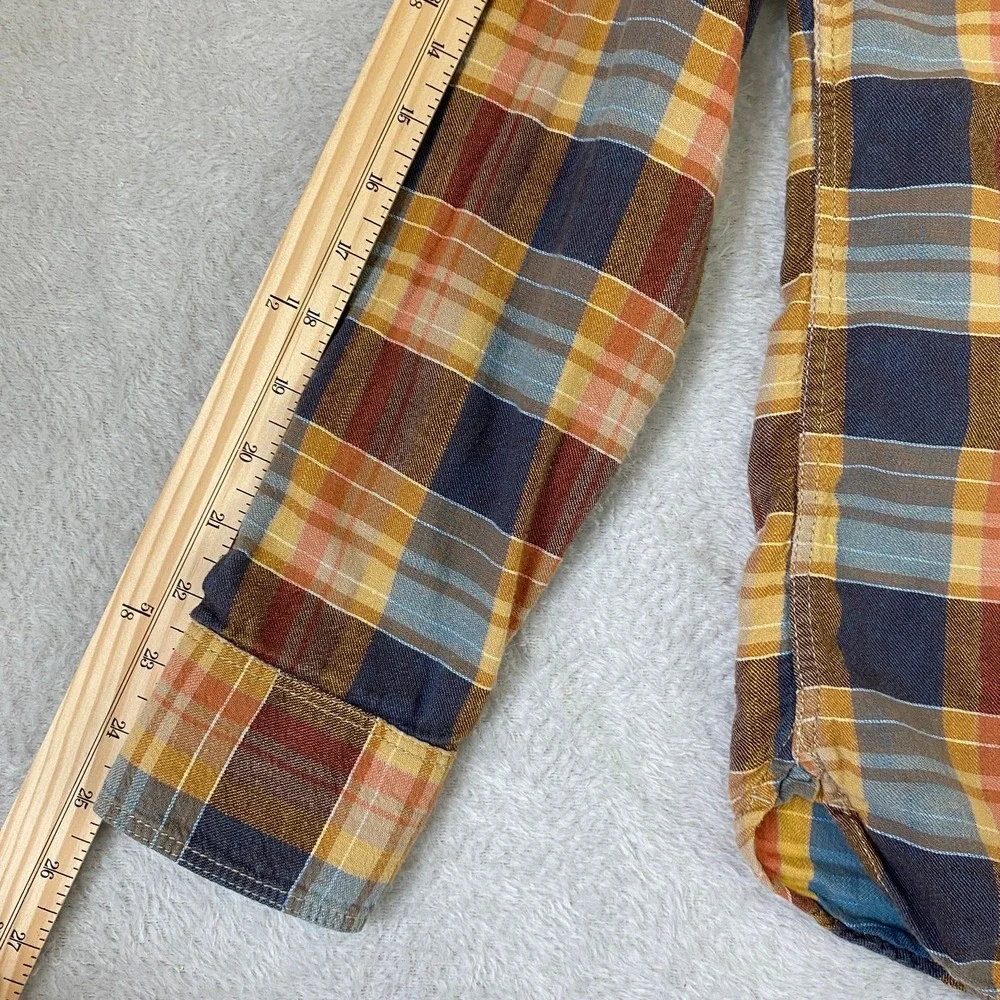 Lucky Brand Dungarees Shirt Men M Navy Gold Plaid Fall Button Up Flap Pockets